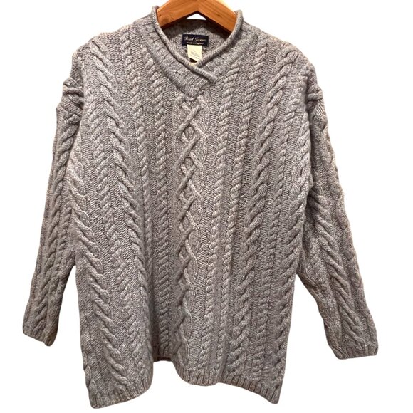 Paul James England Wool Cable Knit Fisherman V-neck Sweater, Gray, XL - Picture 1 of 6